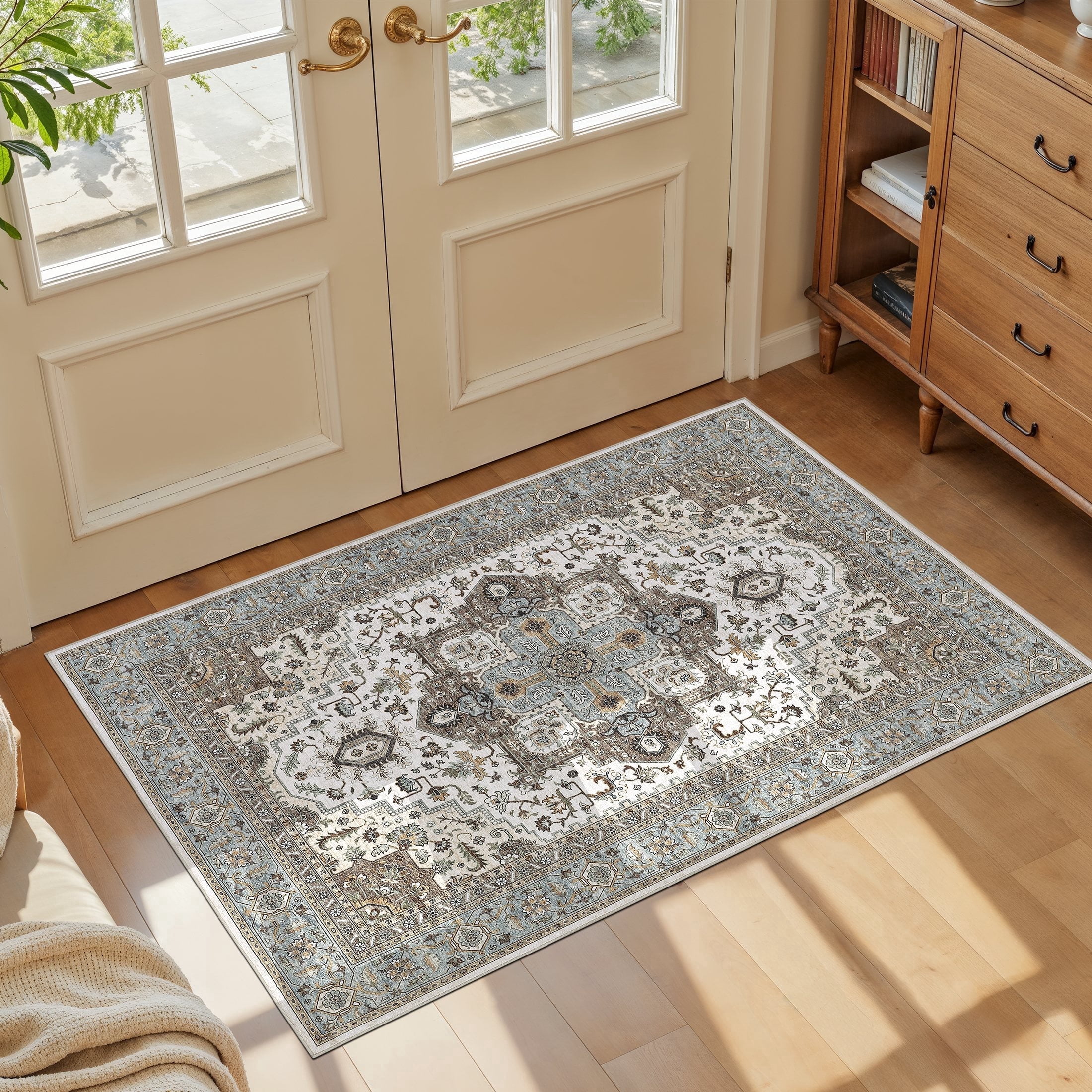 UERMEI 3'x5' Area Rugs, Non-slip Washable Vintage Throw Rugs Carpet for Entrance Entryway Bedroom Laundry Room, Low Pile Indoor Rug Floral Rug Home Decor Carpet, Blue Brown