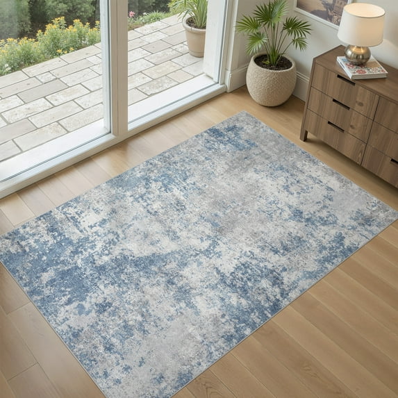 UERMEI 3x5 Washable Area Rugs for Living Room, Modern Abstract Printed Rug, Vacuum-Friendly, Non Slip Indoor Rug for Bedroom Entryway Home Decor Carpet, Ice Blue