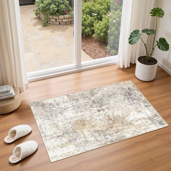 UERMEI 3'x5' Small Area Rugs for Entryway, Machine Washable Ultra-Thin Soft Rug, Non Slip Indoor Door Mats, Throw Rug for Bedroom Hallway, Laundry Room Carpets, Gray Gold
