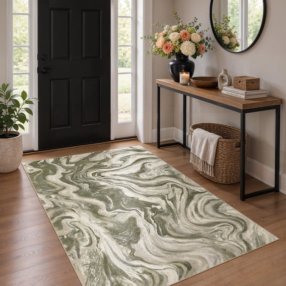 UERMEI 3'x5' Washable Area Rugs for Entryway Kitchen Bathroom, Non-Slip Soft Low Pile Modern Abstract Inddor Door Mat, Sage Green Cream