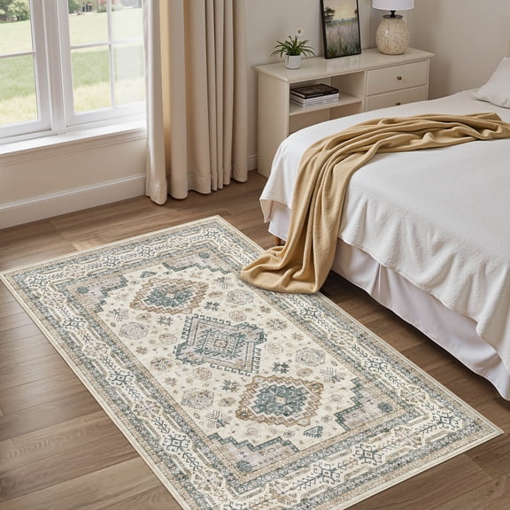 UERMEI 3'x5' Washable Area Rugs for Entryway, Modern and Vintage Non Slip Carpet, Low Pile Indoor Rug for Bedroom Home Decor Carpets, Beige Green