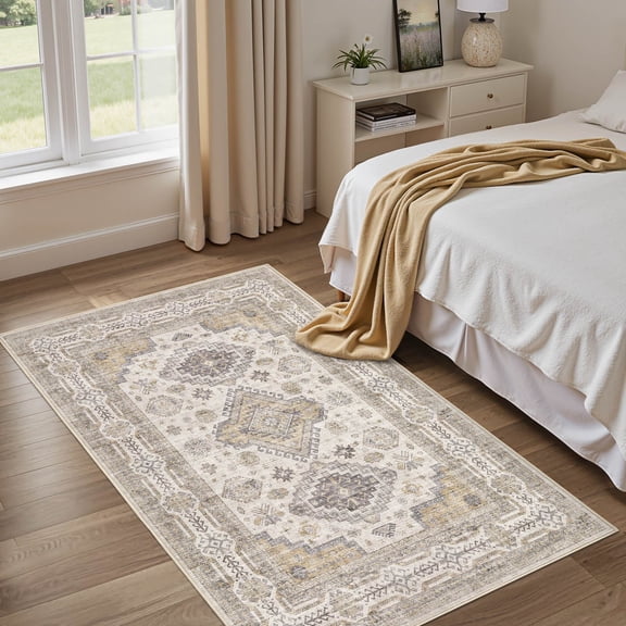 UERMEI 3'x5' Washable Area Rugs for Entryway, Modern and Vintage Non Slip Carpet, Low Pile Indoor Rug for Bedroom Home Decor Carpets, Beige Brown