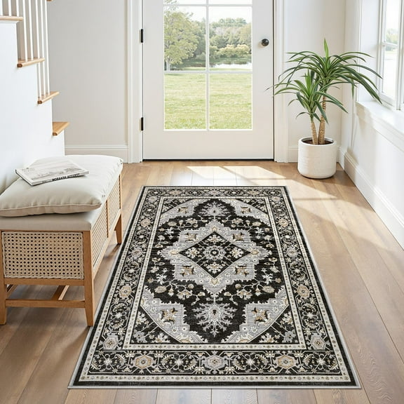 UERMEI 3'x5' Washable Area Rugs for Living Room, Vintage Floral Boho Printed Carpet, Non Slip Indoor Rug for Bedroom Home Decor Carpets - Black