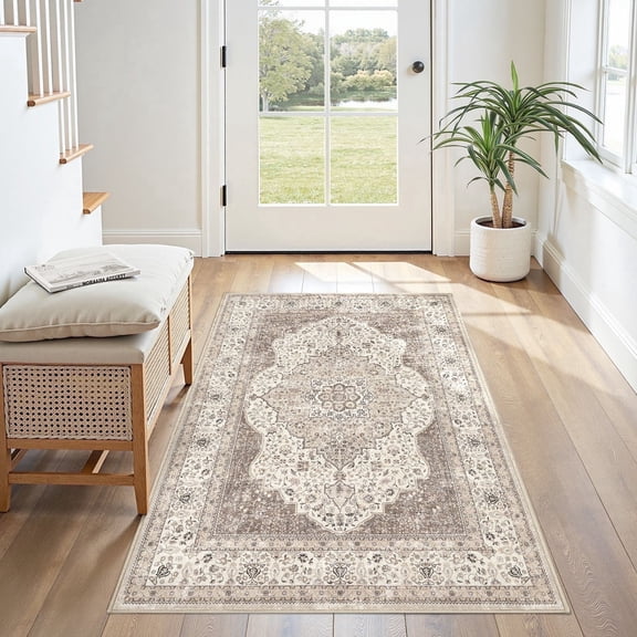 UERMEI 3'x5' Washable Area Rugs for Living Room, Vintage Floral Boho Printed Carpet, Non Slip Indoor Rug for Bedroom Home Decor Carpets - Brown