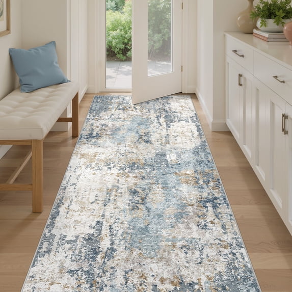 UERMEI 3'x8' Runner Rugs Non Slip, Washable Indoor Rug for Hallway Kitchen Entryway Doormats, Modern Abstract Bedroom Home Decor Carpets, Blue