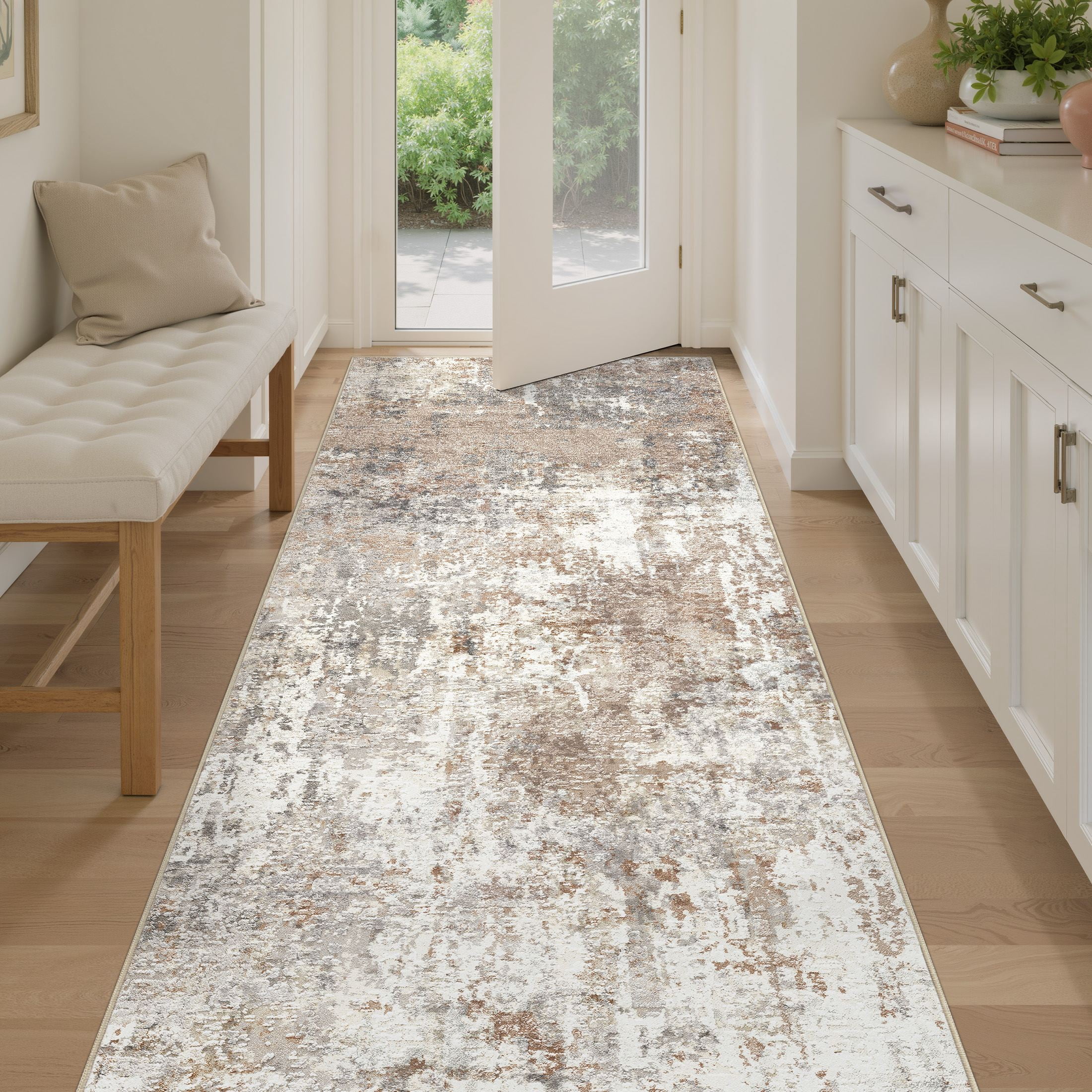 UERMEI 3'x8' Runner Rugs Non Slip, Washable Indoor Rug for Hallway Kitchen Entryway Doormats, Modern Abstract Bedroom Home Decor Carpets, Brown
