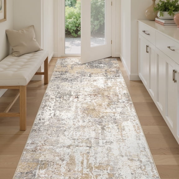 UERMEI 3'x8' Runner Rugs Non Slip, Washable Indoor Rug for Hallway Kitchen Entryway Doormats, Modern Abstract Bedroom Home Decor Carpets, Grey Gold