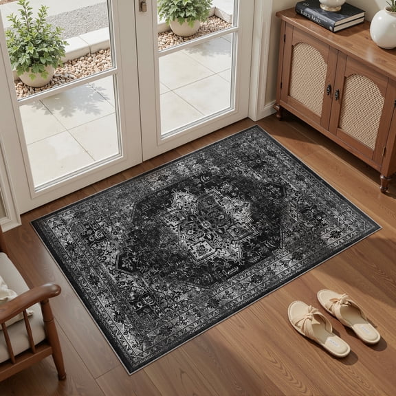 UERMEI 3x5 Washable Area Rugs for Living Room, Modern Vintage Printed Rug, Vacuum-Friendly, Non Slip Indoor Rug for Bedroom Dining Room Home Decor Carpet, Black