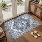 UERMEI 3x5 Washable Area Rugs for Living Room, Modern Vintage Printed Rug, Vacuum-Friendly, Non Slip Indoor Rug for Bedroom Dining Room Home Decor Carpet, Blue