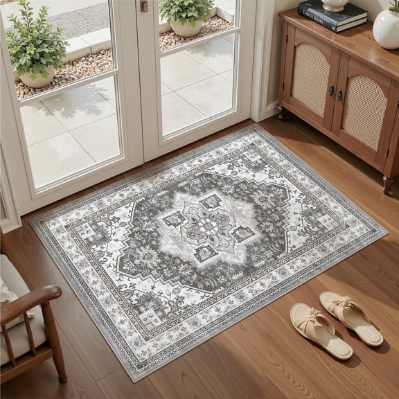 UERMEI 3x5 Washable Area Rugs for Living Room, Modern Vintage Printed Rug, Vacuum-Friendly, Non Slip Indoor Rug for Bedroom Dining Room Home Decor Carpet, Gray