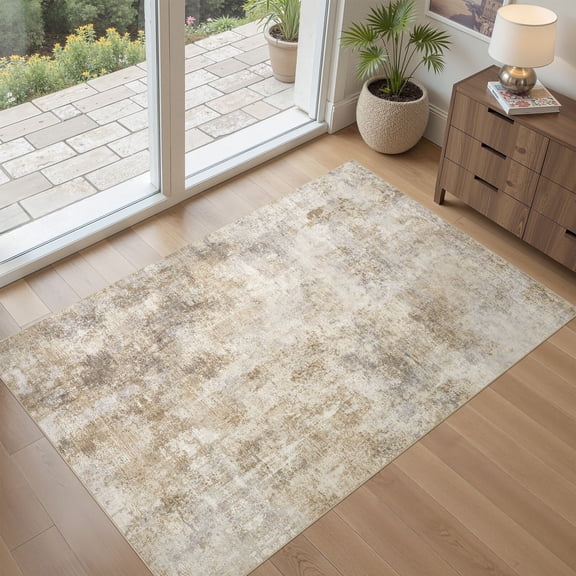 UERMEI 3x5 Washable Area Rugs for Living Room, Modern Abstract Printed Rug, Vacuum-Friendly, Non Slip Indoor Rug for Bedroom Entryway Home Decor Carpet, Gold/Brown