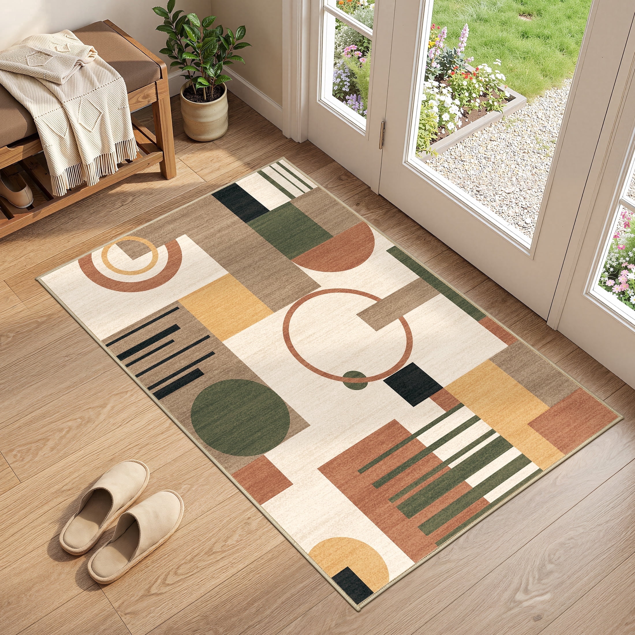 MICGEEK 3x5 Washable Area Rugs for Living Room, Modern Geometric Printed Rug, Vacuum-Friendly, Non Slip Indoor Rug for Bedroom Dining Room Home Decor Carpet, Beige Multi