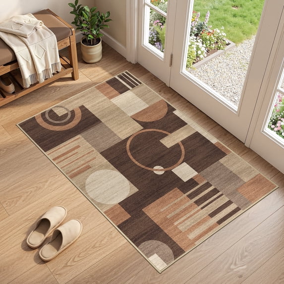 MICGEEK 3x5 Washable Area Rugs for Living Room, Modern Geometric Printed Rug, Vacuum-Friendly, Non Slip Indoor Rug for Bedroom Dining Room Home Decor Carpet, Brown/Beige