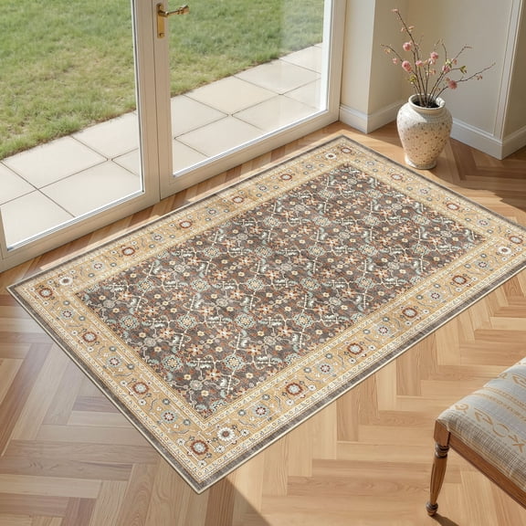 UERMEI 3x5 Washable Area Rugs for Bedroom Entryway Kitchen, Non-Silp Low-Pile Doormat, Boho Home Decor Carpets, Brown
