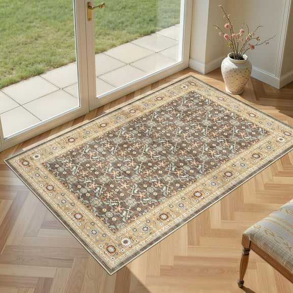 UERMEI 3x5 Washable Area Rugs for Bedroom Entryway Kitchen, Non-Silp Low-Pile Doormat, Boho Home Decor Carpets, Brown
