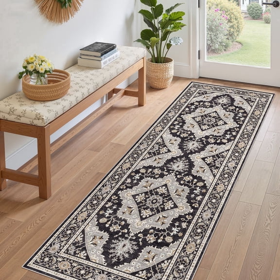 UERMEI 3x8 Washable Runner Rugs for Hallway, Modern Vintage Non Slip Indoor Rug for Entryway Doormats Bedroom Kitchen, Vacuum-Friendly Home Decor Carpet, Black