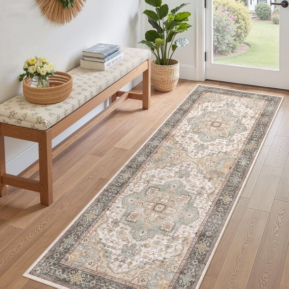 UERMEI 3x8 Washable Runner Rugs for Hallway, Modern Vintage Non Slip Indoor Rug for Entryway Doormats Bedroom Kitchen, Vacuum-Friendly Home Decor Carpet, Beige Brown