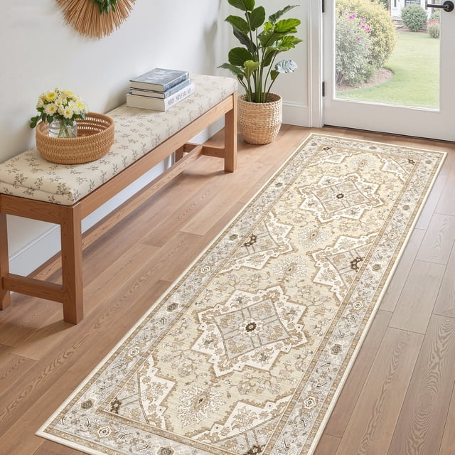 UERMEI 3x8 Washable Runner Rugs for Hallway, Modern Vintage Non Slip Indoor Rug for Entryway Doormats Bedroom Kitchen, Vacuum-Friendly Home Decor Carpet, Beige Brown