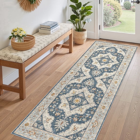 UERMEI 3x8 Washable Runner Rugs for Hallway, Modern Vintage Non Slip Indoor Rug for Entryway Doormats Bedroom Kitchen, Vacuum-Friendly Home Decor Carpet, Blue