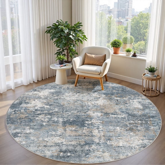 UERMEI 5'x5' Round Washable Area Rugs for Living Room, Modern Abstract Printed Rug, Vacuum-Friendly, Non Slip Indoor Rug for Bedroom Entryway Home Decor Carpet, Blue/Brown