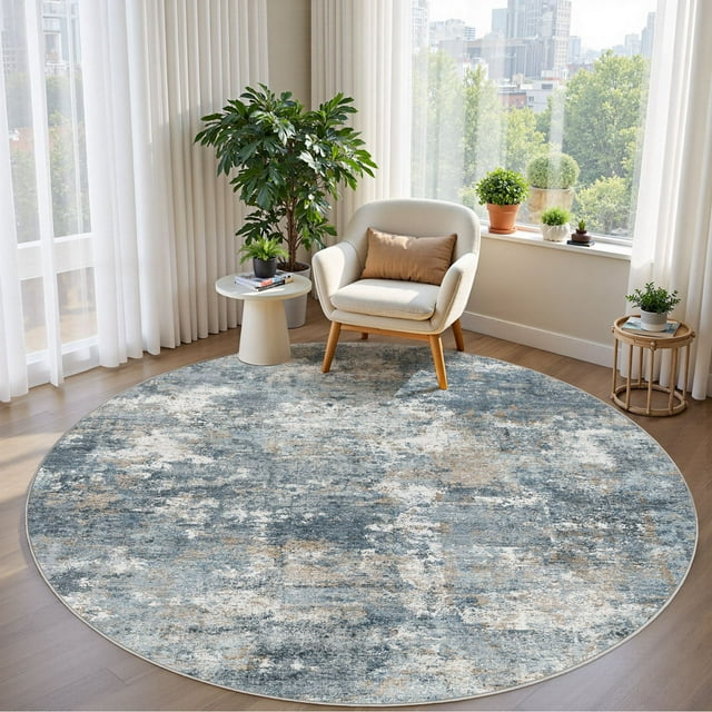 UERMEI 5'x5' Round Washable Area Rugs for Living Room, Modern Abstract Printed Rug, Vacuum-Friendly, Non Slip Indoor Rug for Bedroom Entryway Home Decor Carpet, Blue/Brown