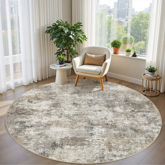 UERMEI 5'x5' Round Washable Area Rugs for Living Room, Modern Abstract Printed Rug, Vacuum-Friendly, Non Slip Indoor Rug for Bedroom Entryway Home Decor Carpet, Gold Brown
