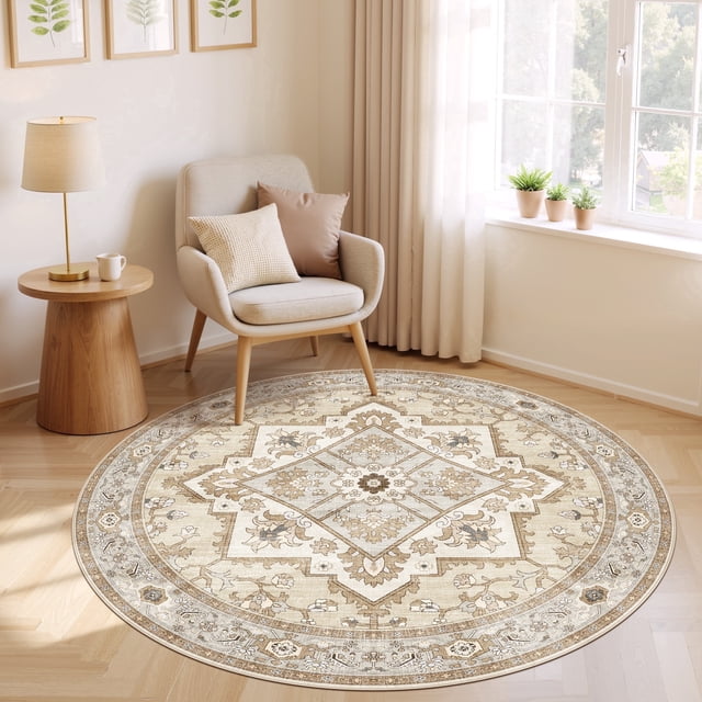 UERMEI 5'x5' Round Washable Area Rugs for Living Room, Vintage Floral Boho Printed Carpet, Non Slip Indoor Large Rugs for Bedroom Home Decor Carpets, Beige/Brown