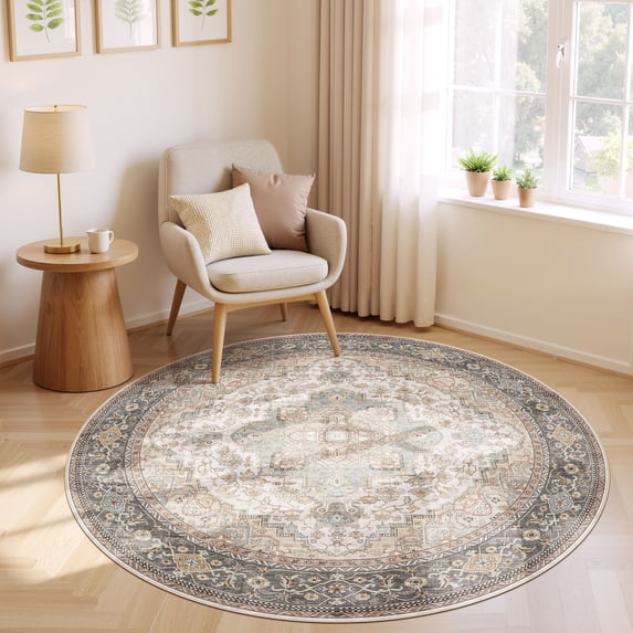 UERMEI 5'x5' Round Washable Area Rugs for Living Room, Vintage Floral Boho Printed Carpet, Non Slip Indoor Large Rugs for Bedroom Home Decor Carpets, Black/Sage/Brown
