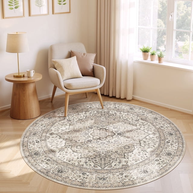 UERMEI 5'x5' Round Washable Area Rugs for Living Room, Vintage Floral Boho Printed Carpet, Non Slip Indoor Large Rugs for Bedroom Home Decor Carpets, Brown