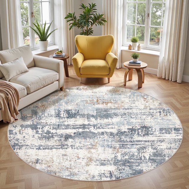 UERMEI 5'x5' Round Area Rugs for Living Room, Washable Non Slip Indoor Rug for Bedroom Home Decor Carpets, Modern Abstract Printed Carpet, Blue