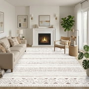 UERMEI 5x7 Area Rugs for Living Room, Washable Rugs Boho Moroccan Area Rug Soft Neutral Geometric Bohemian Carpet Distressed Indoor Rug for Bedroom Dining Room Office Foldable Nonslip Rug, Brown