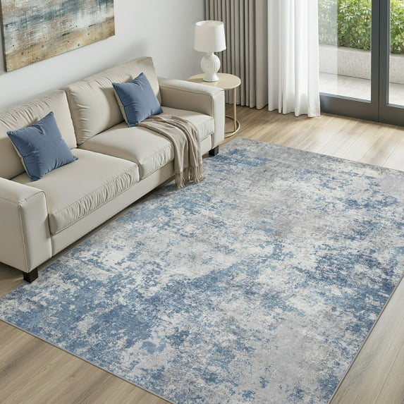 UERMEI 5x7 Washable Area Rugs for Living Room, Modern Abstract Printed Rug, Vacuum-Friendly, Non Slip Indoor Rug for Bedroom Dining Room Home Decor Carpet, Ice Blue