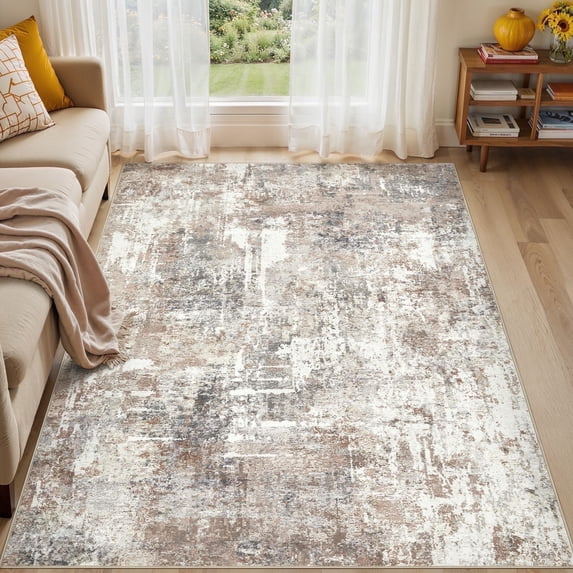 UERMEI 5'x7' Area Rugs for Living Room, Washable Non Slip Indoor Rug for Bedroom Home Decor Carpets, Modern Abstract Printed Carpet, Brown