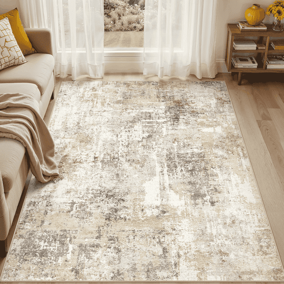 UERMEI 5'x7' Area Rugs for Living Room, Washable Non Slip Indoor Rug for Bedroom Home Decor Carpets, Modern Abstract Printed Carpet, Grey Gold