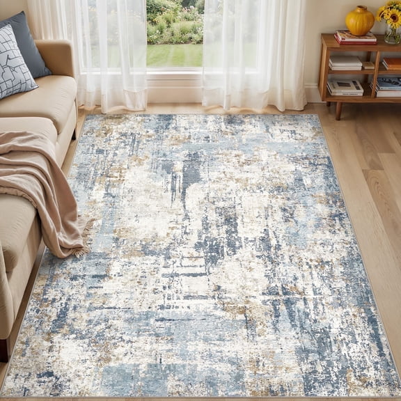 UERMEI 5'x7' Area Rugs for Living Room, Washable Non Slip Indoor Rug for Bedroom Home Decor Carpets, Modern Abstract Printed Carpet, Blue