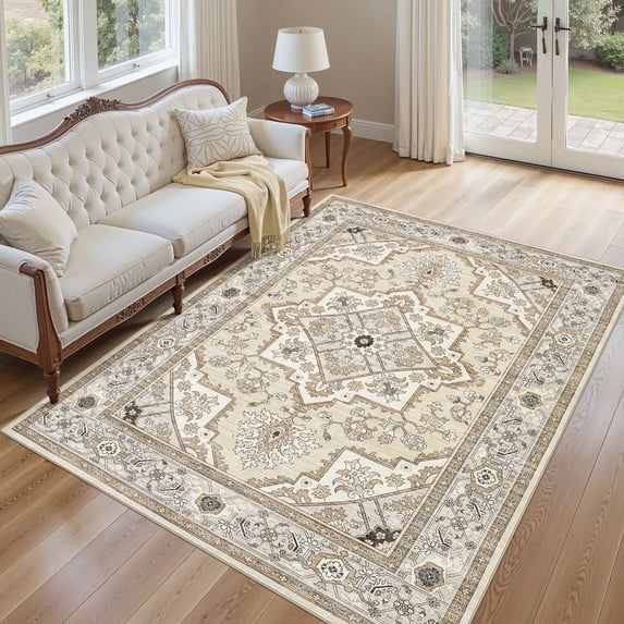 UERMEI 5'x7' Washable Area Rugs for Living Room, Vacuum friendly, Vintage Floral Boho Printed Carpet, Non Slip Indoor Rugs for Bedroom Home Decor Carpets, Brown/Cream