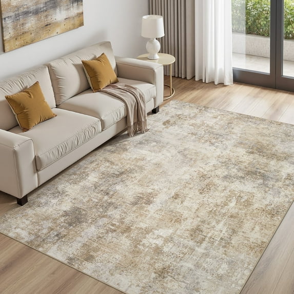 UERMEI 5x7 Washable Area Rugs for Living Room, Modern Abstract Printed Rug, Vacuum-Friendly, Non Slip Indoor Rug for Bedroom Dining Room Home Decor Carpet, Gold/Brown