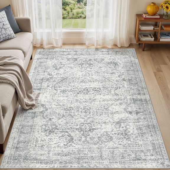 UERMEI 5'x7' Washable Area Rugs for Living Room, Modern Abstract Printed Carpet, Non Slip Indoor Rug for Bedroom Home Decor Carpets, Vintage Gray