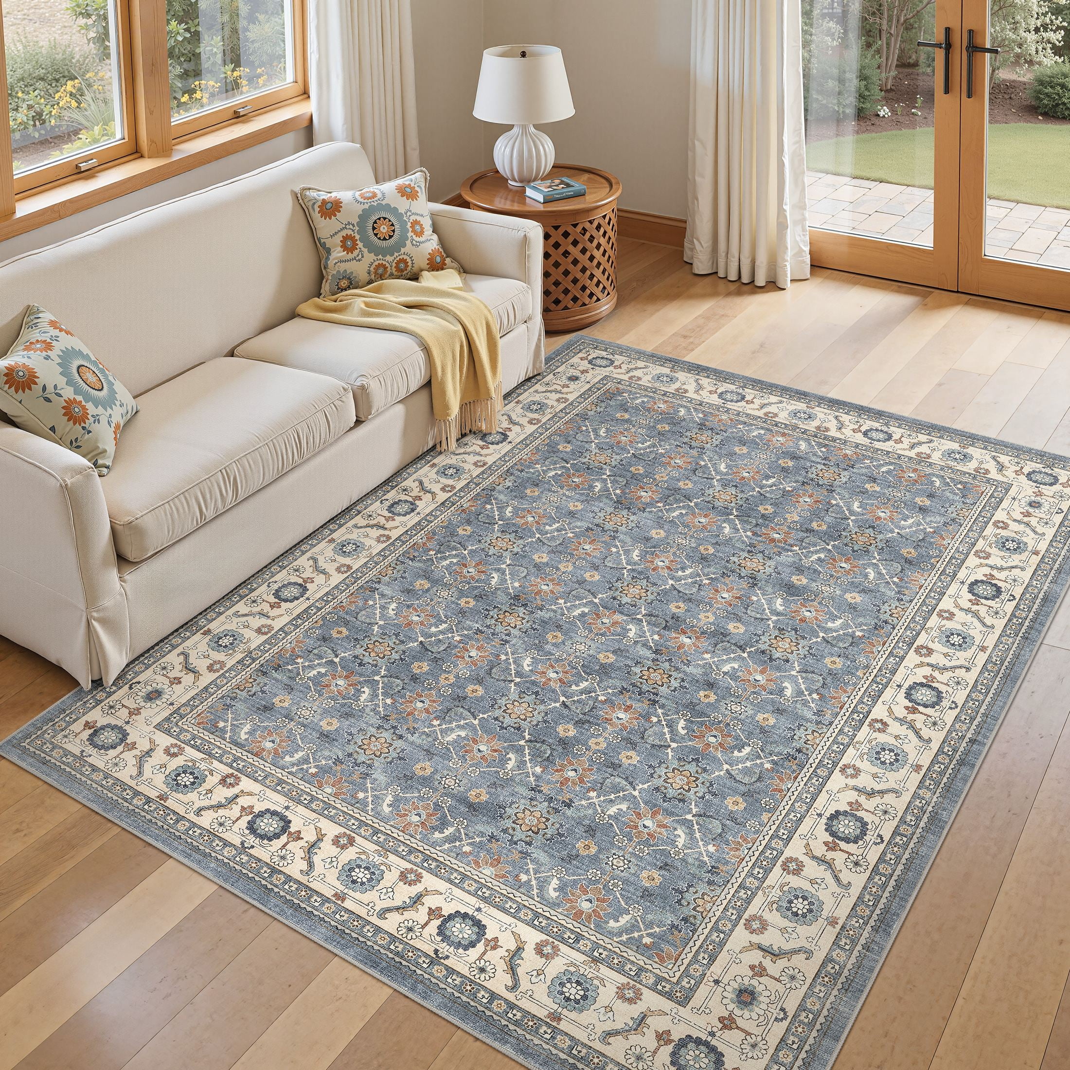 UERMEI 5'x7' Washable Area Rugs for Living Room, Vacuum Friendly, Non-Silp Low-Pile Rug for Bedroom, Boho Home Decor Carpets, Blue