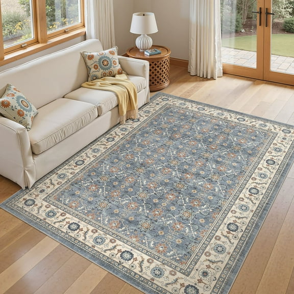 UERMEI 5'x7' Washable Area Rugs for Living Room, Vacuum Friendly, Non-Silp Low-Pile Rug for Bedroom, Boho Home Decor Carpets, Blue