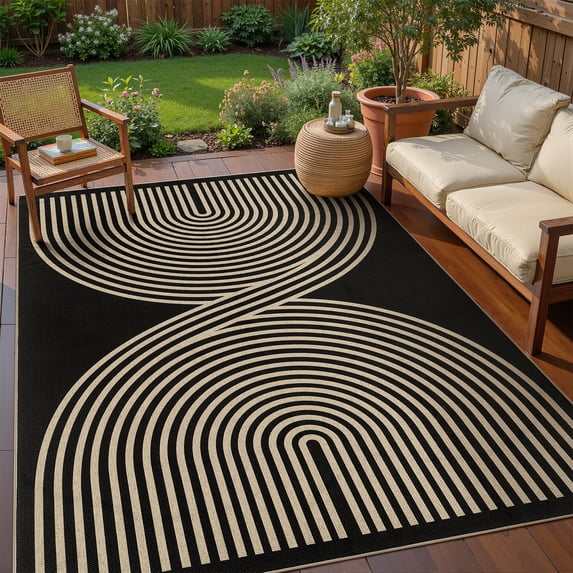 UERMEI 5x7 Outdoor Jute Area Rug, Farmhouse Rugs for Living Room Backyard Patio Machine Washable Non Slip, Indoor Geometric Carpet for Dining Room
