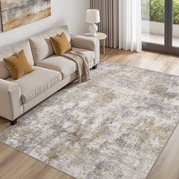UERMEI 5x7 Washable Area Rugs for Living Room, Modern Abstract Printed Rug, Vacuum-Friendly, Non Slip Indoor Rug for Bedroom Dining Room Home Decor Carpet, Light Brown/Gold