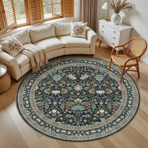 UERMEI 6'x6' Round Area Rugs for Living Room, Indoor Washable Rug, Floral Area Rugs for Bedroom Home Office Decor Dining Room Carpets, Non Slip Low Pile, Black/Green/Brown