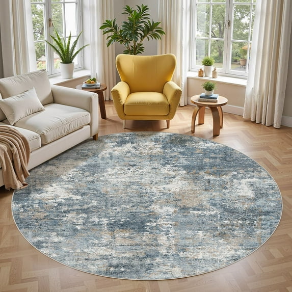 UERMEI 6'x6' Round Washable Area Rugs for Living Room, Modern Abstract Printed Rug, Vacuum-Friendly, Non Slip Indoor Rug for Bedroom Entryway Home Decor Carpet, Blue/Brown