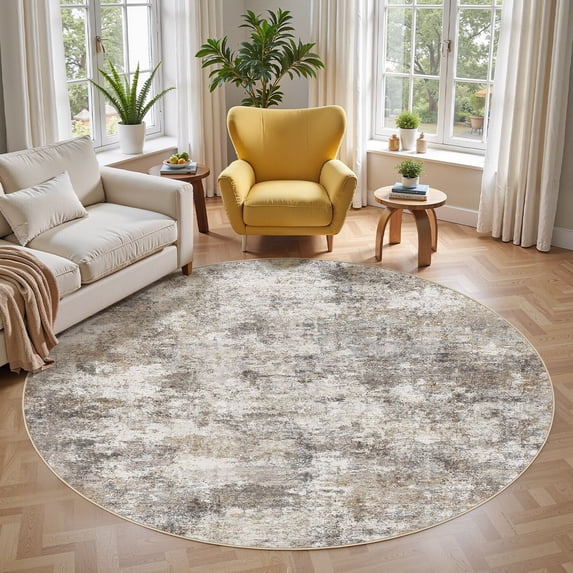 UERMEI 6'x6' Round Washable Area Rugs for Living Room, Modern Abstract Printed Rug, Vacuum-Friendly, Non Slip Indoor Rug for Bedroom Entryway Home Decor Carpet, Gold Brown