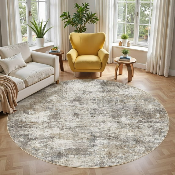 UERMEI 6'x6' Round Washable Area Rugs for Living Room, Modern Abstract Printed Rug, Vacuum-Friendly, Non Slip Indoor Rug for Bedroom Entryway Home Decor Carpet, Gold Brown