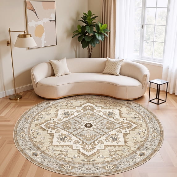 UERMEI 6'x6' Round Washable Area Rugs for Living Room, Vintage Floral Boho Printed Carpet, Non Slip Indoor Large Rugs for Bedroom Home Decor Carpets, Beige/Brown