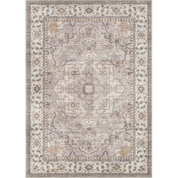 UERMEI 6'x6' Round Washable Area Rugs for Living Room, Vintage Floral Boho Printed Carpet, Non Slip Indoor Large Rugs for Bedroom Home Decor Carpets, Beige Gray