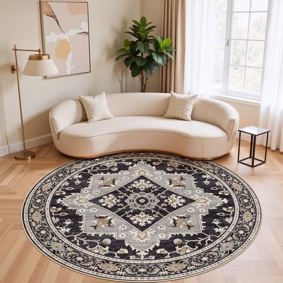 UERMEI 6'x6' Round Washable Area Rugs for Living Room, Vintage Floral Boho Printed Carpet, Non Slip Indoor Large Rugs for Bedroom Home Decor Carpets, Black