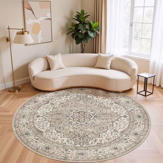UERMEI 6'x6' Round Washable Area Rugs for Living Room, Vintage Floral Boho Printed Carpet, Non Slip Indoor Large Rugs for Bedroom Home Decor Carpets, Brown